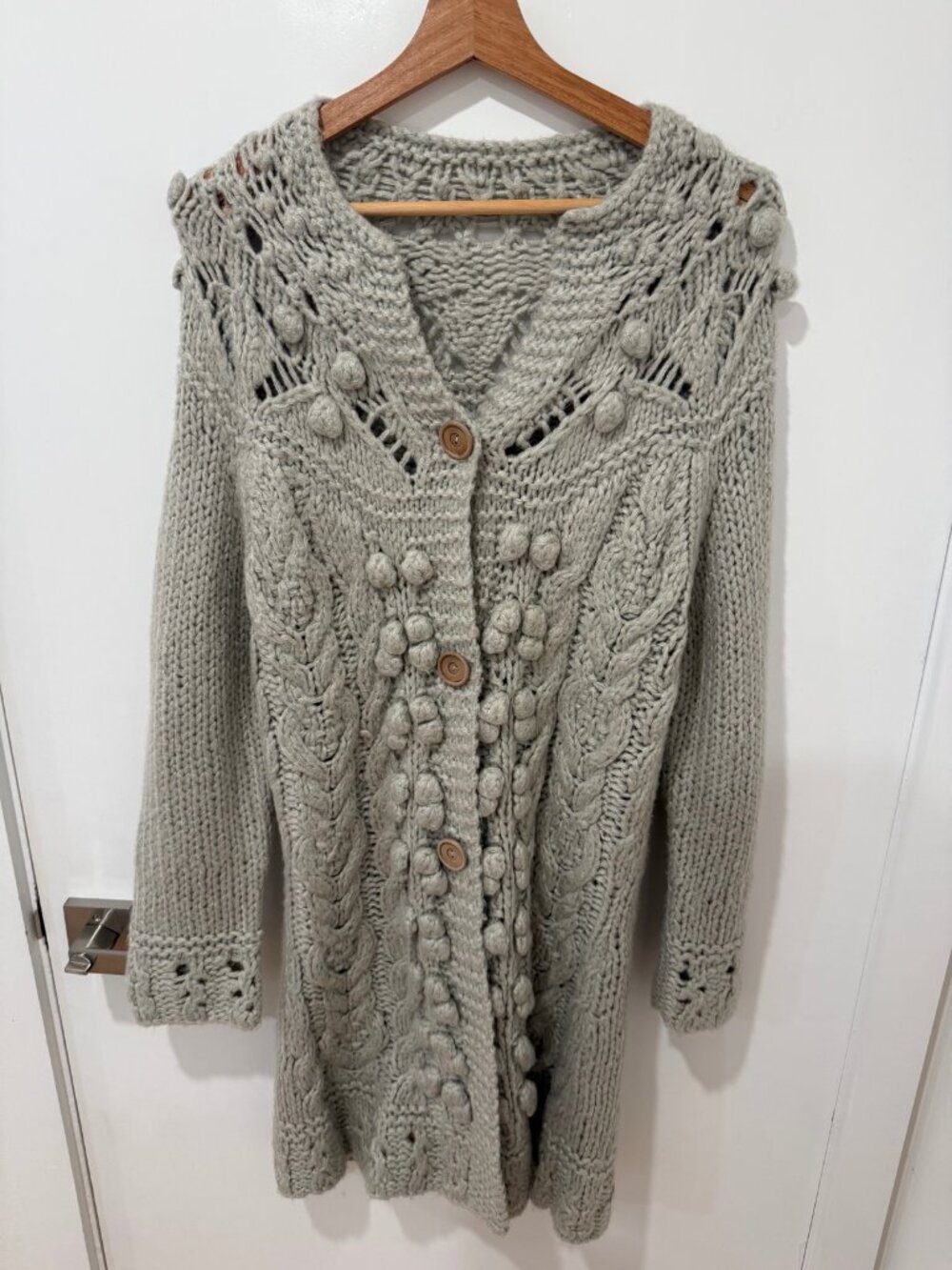 Gray Bobble Knit Long Cardigan Coat with Buttons - One Size